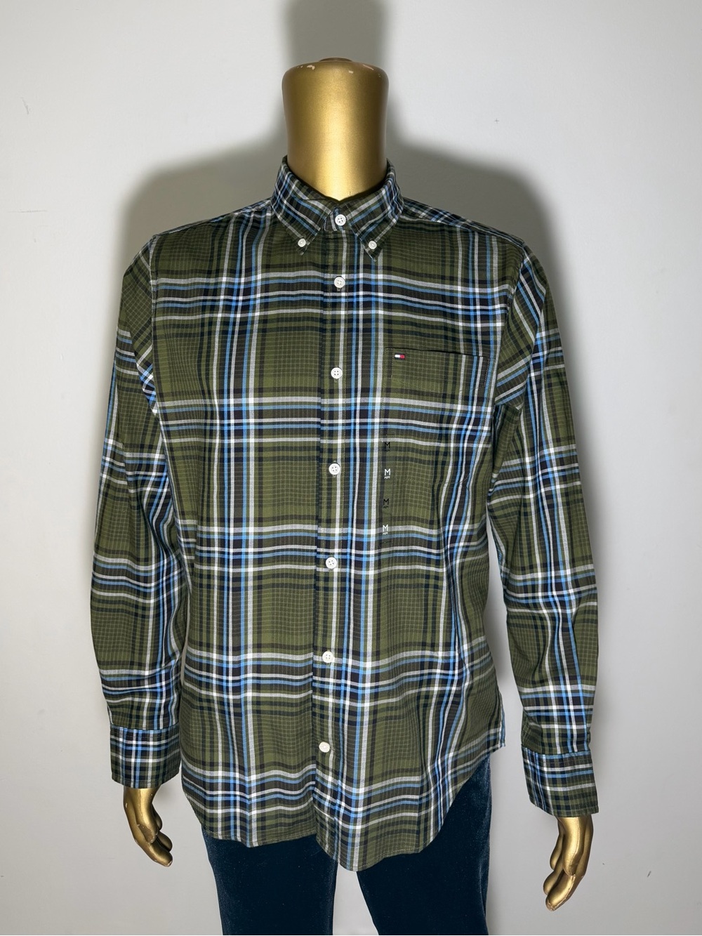 Tommy Hilfiger Olive and Blue Plaid Button-Down Shirt